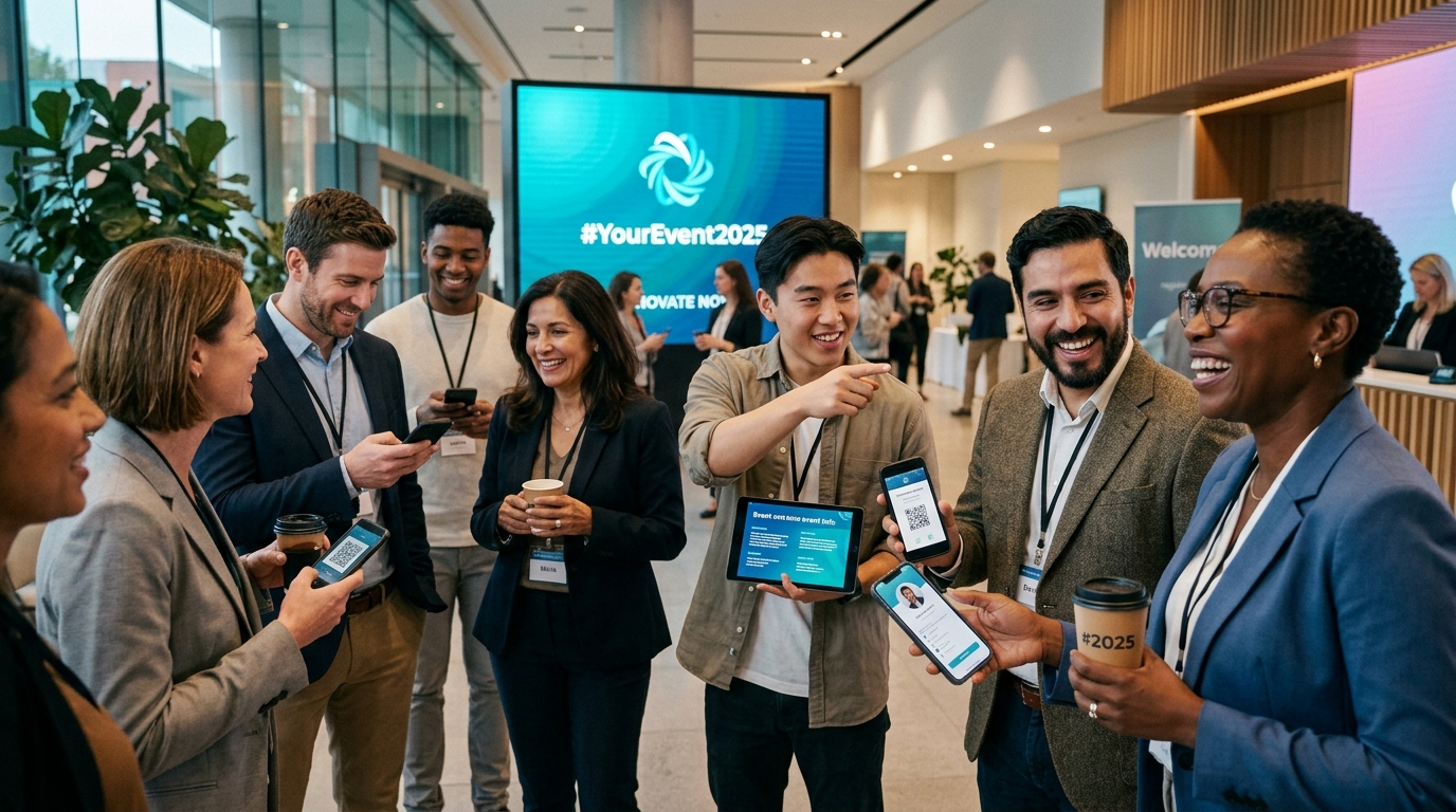 Diverse group of event attendees networking in a modern venue, sharing content and exchanging contacts