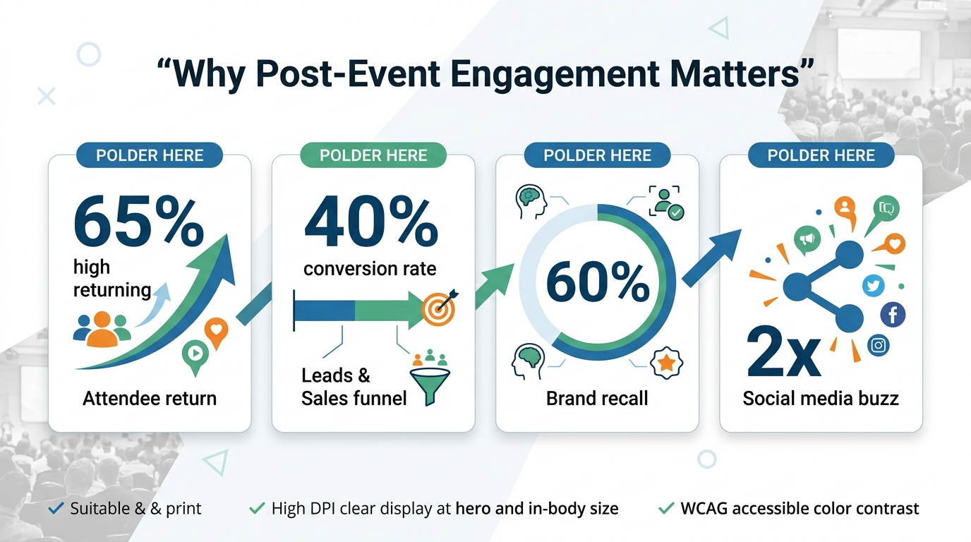Infographic showing key post-event engagement statistics: return rates, conversions, brand recall, and social buzz