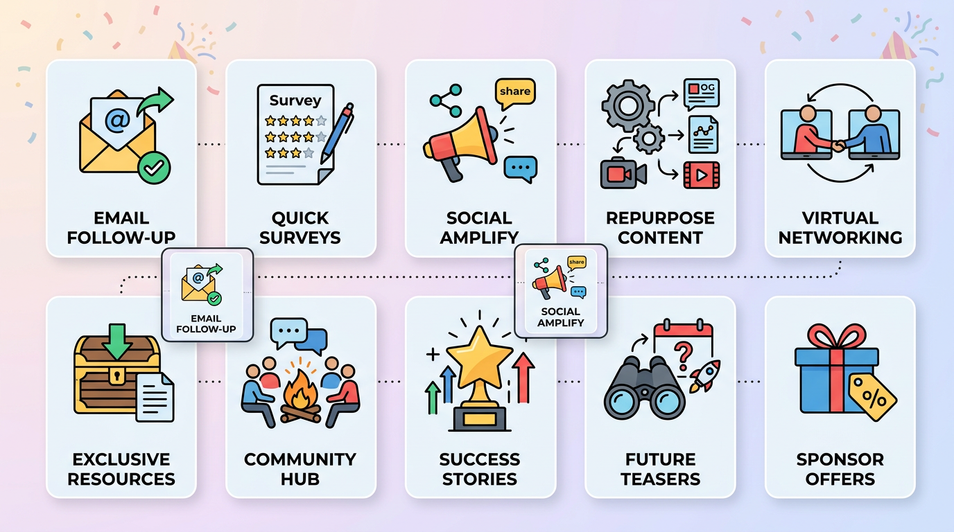 Grid of 10 illustrated tiles summarizing top post-event engagement strategies with icons and labels