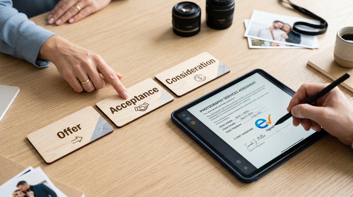 Flat-lay of 'Offer, Acceptance, Consideration' cards with tablet showing a digital signature and camera lenses
