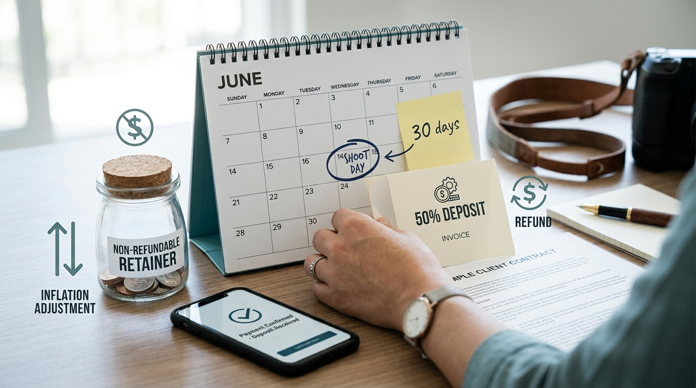 Invoice labeled '50% deposit' beside a circled calendar date and a jar labeled 'non-refundable retainer' on a photographer's desk