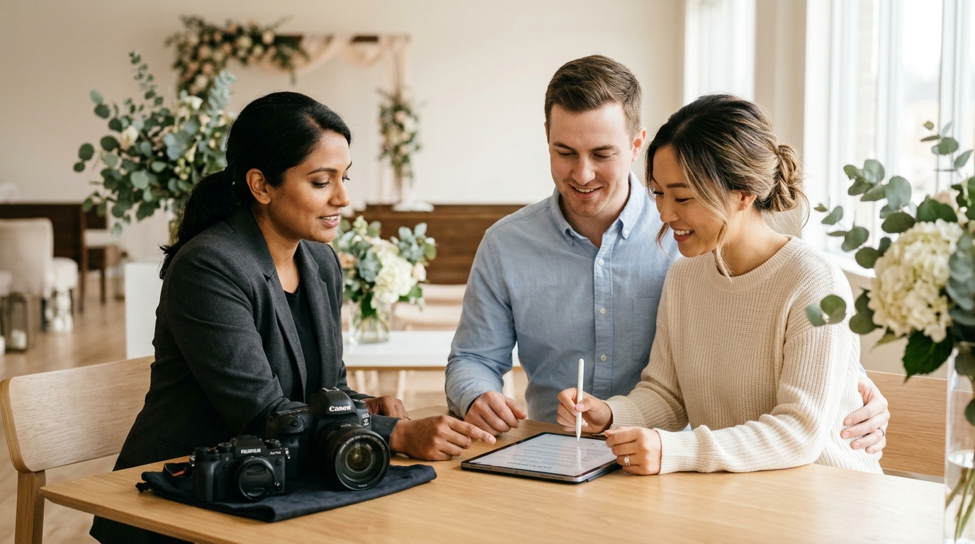 Wedding photographer explaining a digital contract to a couple in a bright modern studio, cameras on table