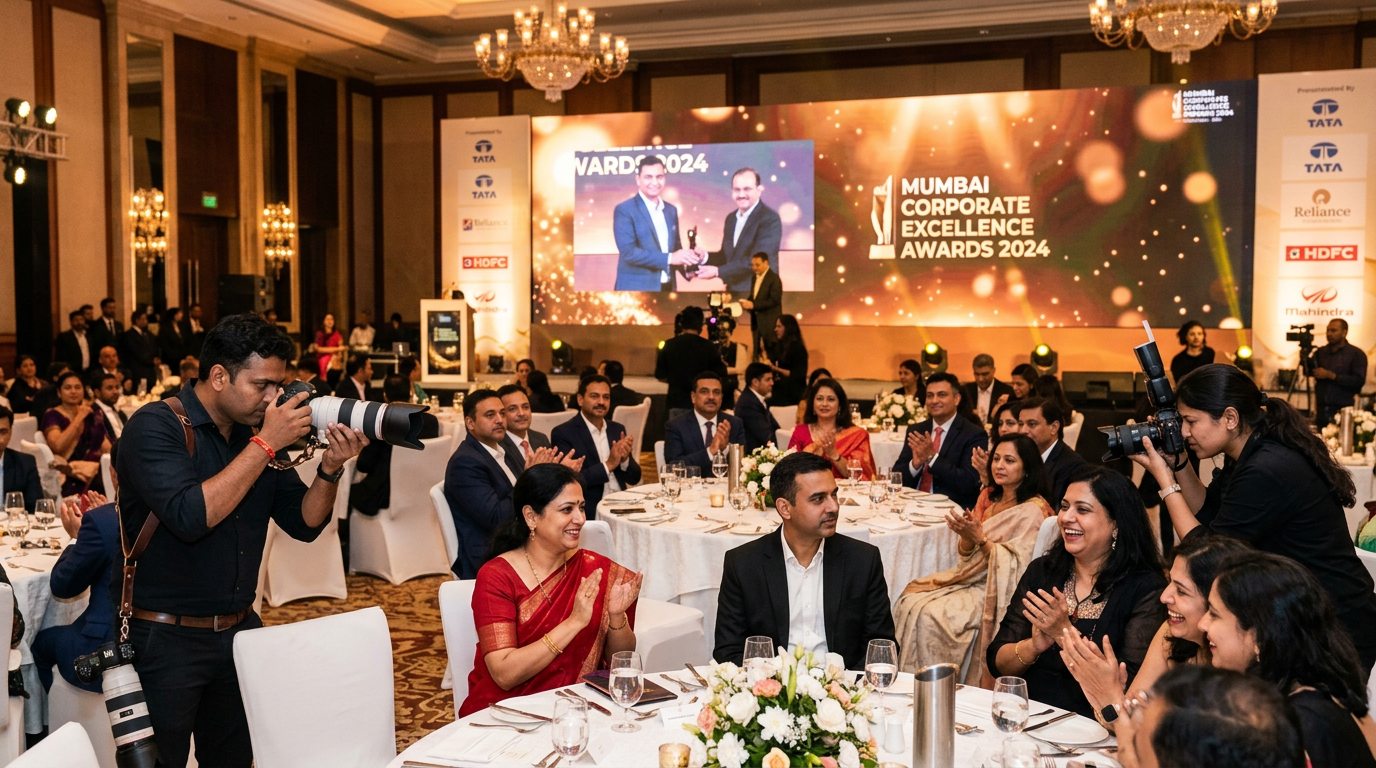 Photographers capturing awards gala moments in a packed Mumbai banquet hall with AI-powered photo delivery