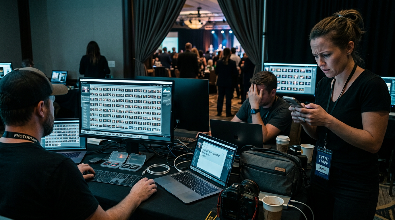 Event organizer checking phone anxiously while photographers manually sort thousands of photo thumbnails on monitors