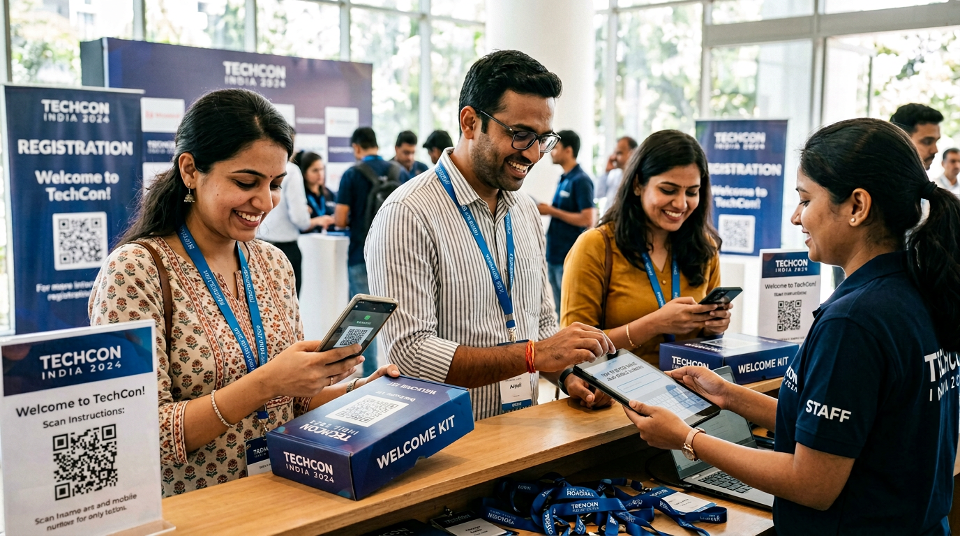 Attendees at event registration scanning QR codes and uploading selfies to register for personalized Foto Owl AI galleries