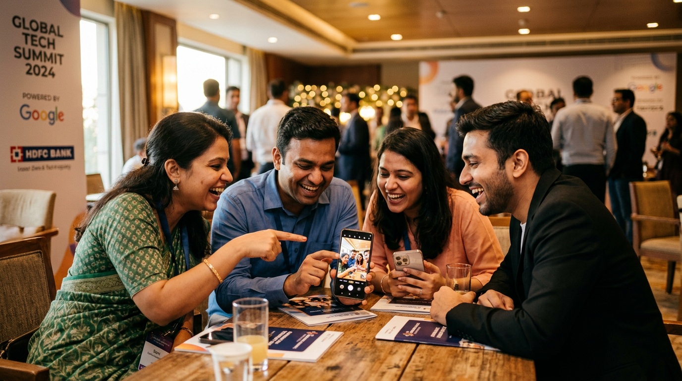 Group of event attendees laughing and sharing personalized photos on phones with sponsor banners visible in background