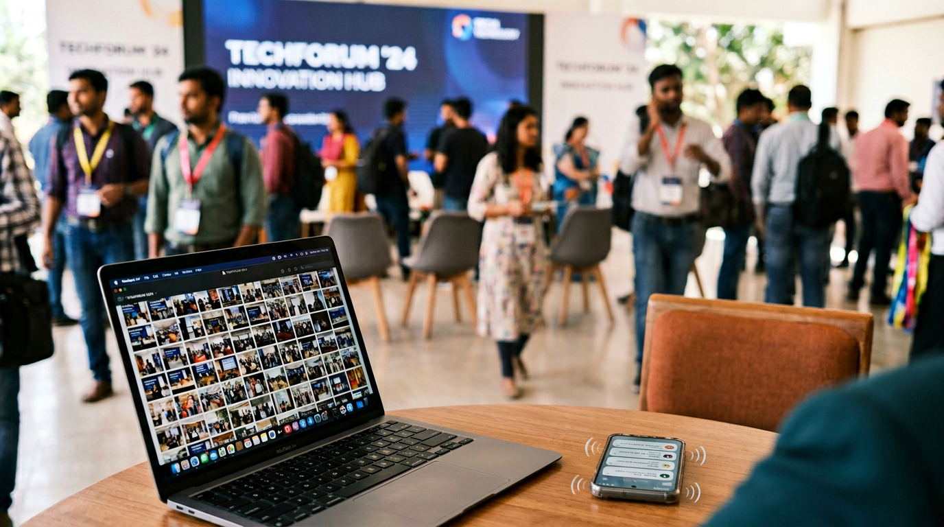 Speaker frustrated scrolling through thousands of unorganized event photo thumbnails on a laptop