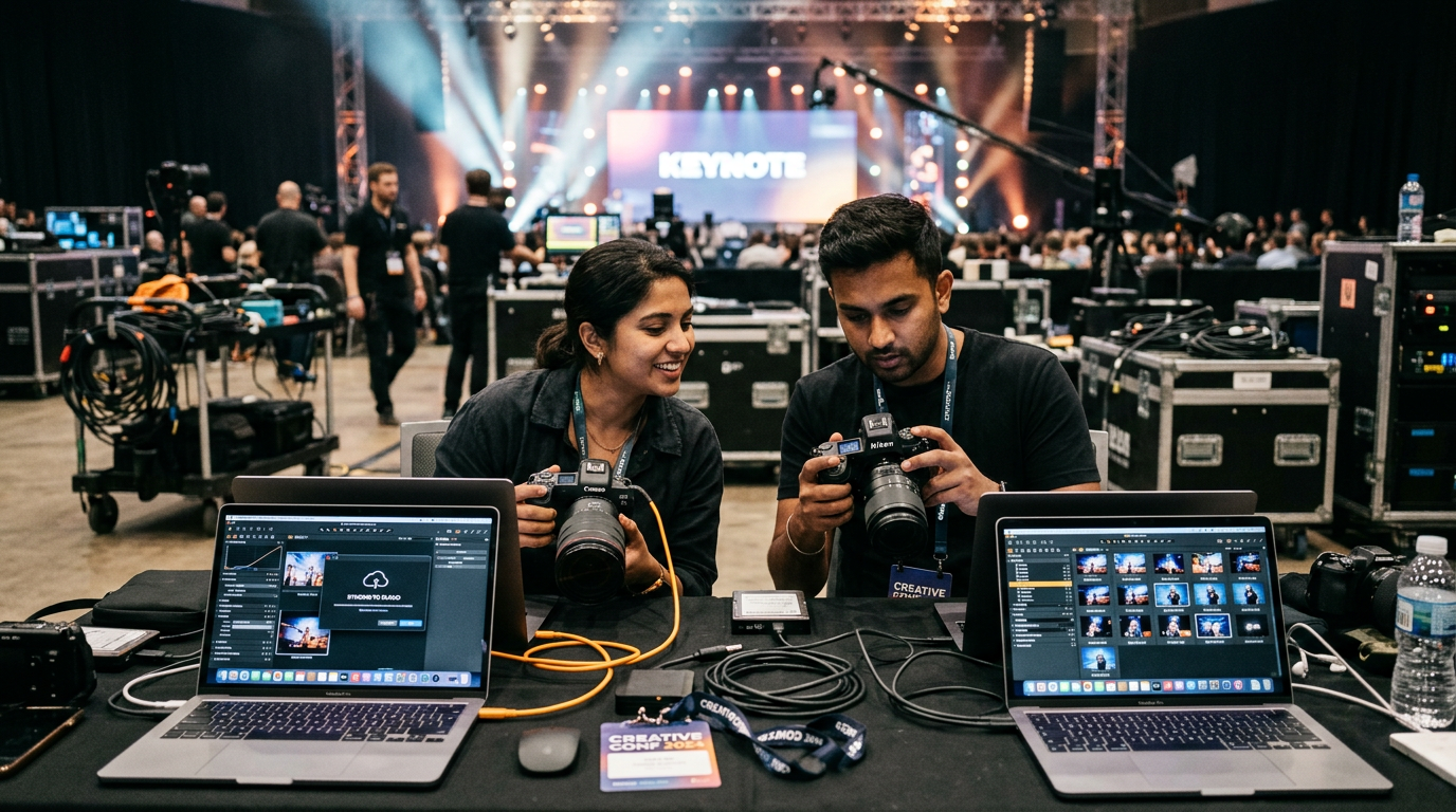 Photographers tethering cameras to laptops backstage as images upload in real-time