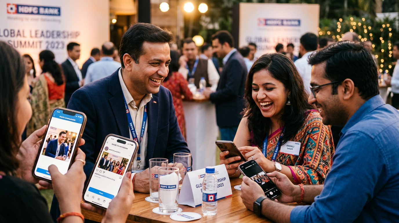 Attendees downloading and sharing conference photos on phones, smiling and tagging the summit