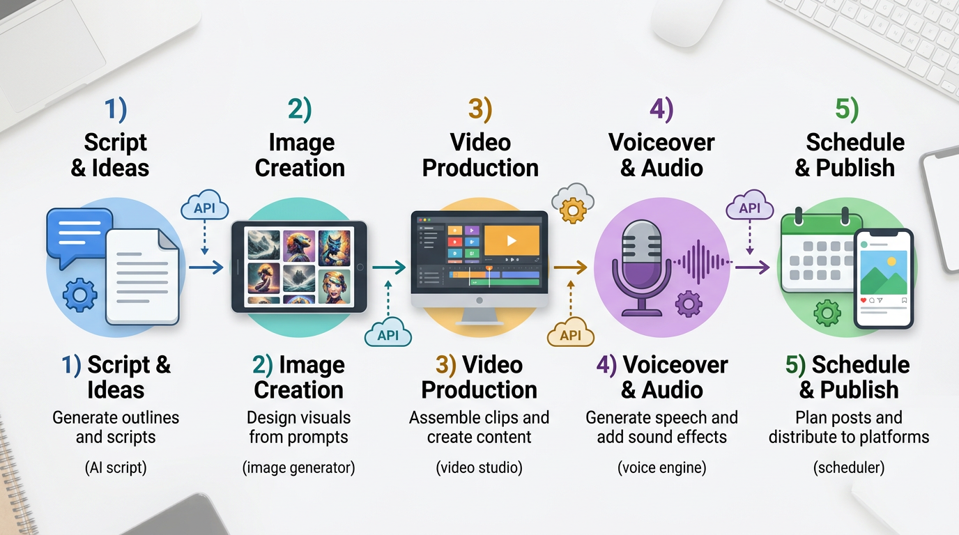 Infographic showing stages of an AI-powered content pipeline from script to scheduling