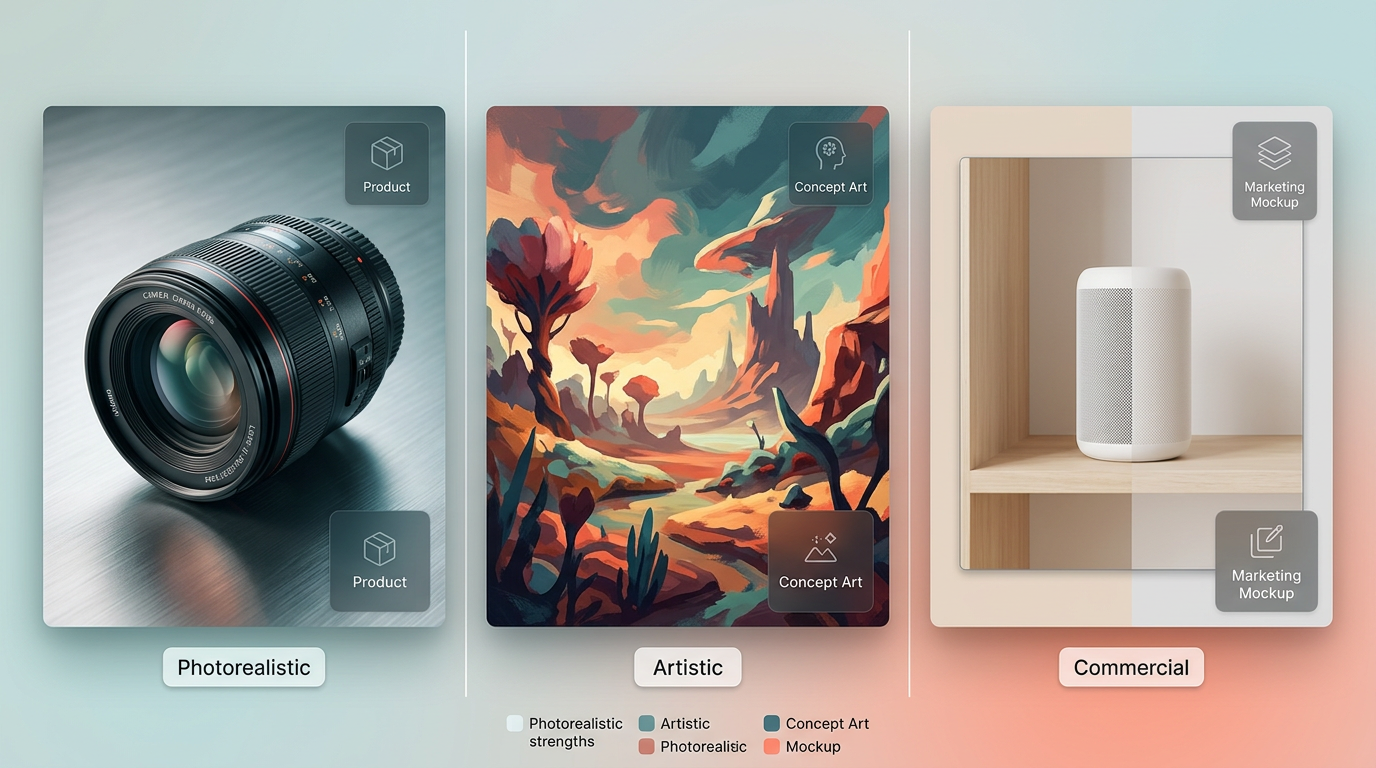 Triptych showing photorealistic product shot, surreal artistic concept, and commercial design mockup generated by AI image tools