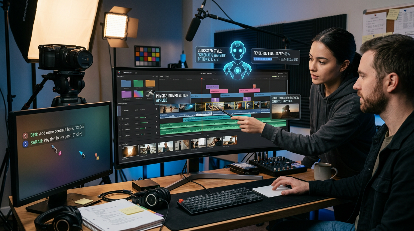 Creative workstation showing AI-driven multi-scene video timeline and collaborative editing in a modern studio