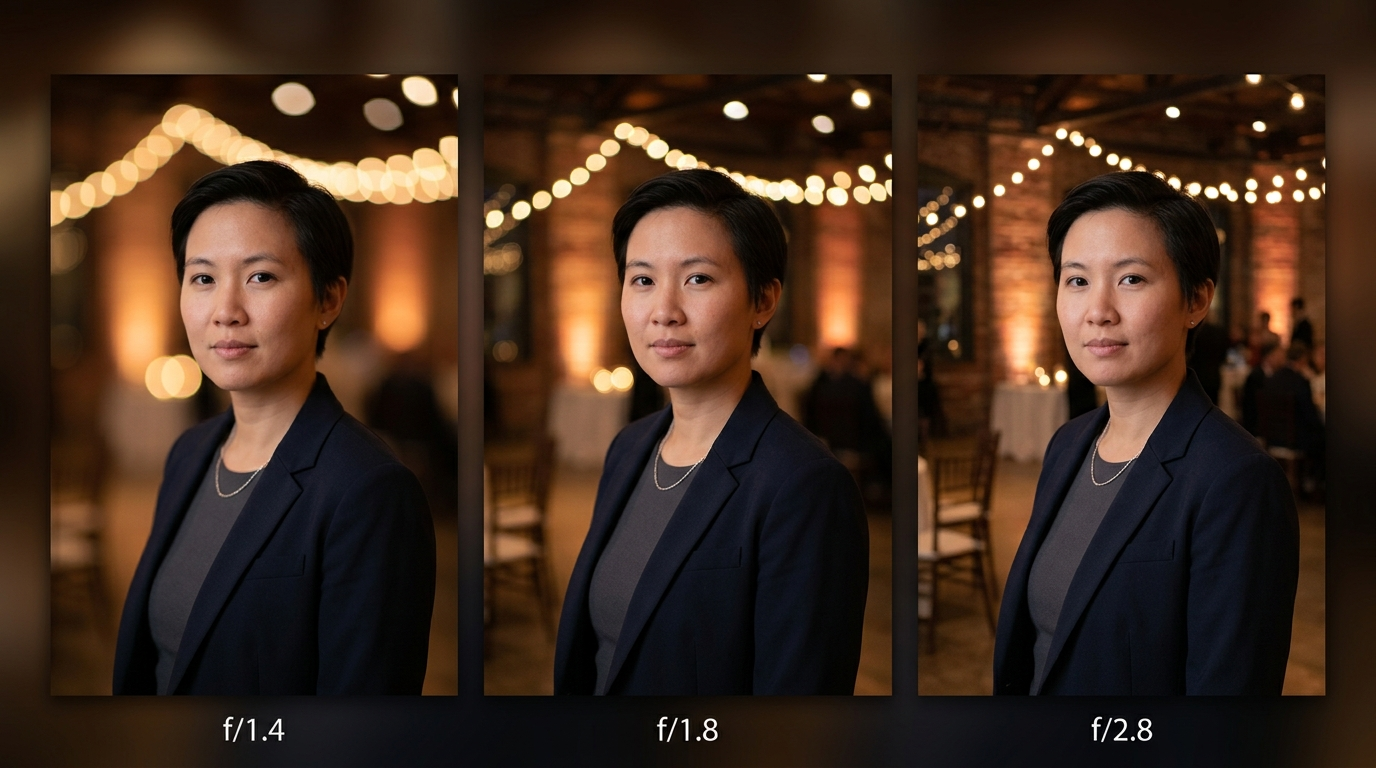 Three side-by-side portraits showing depth of field at f/1.4, f/1.8, and f/2.8 in low light