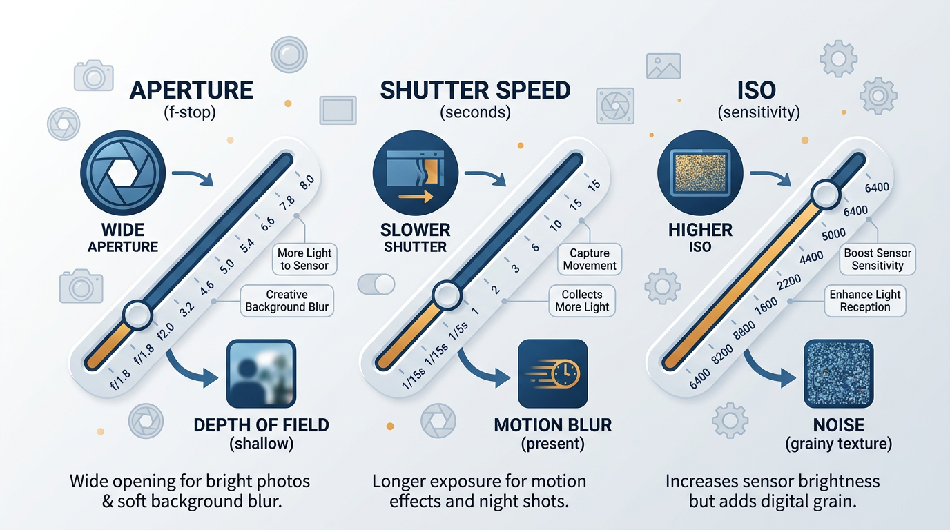 Infographic showing aperture, shutter speed, and ISO trade-offs for low light photography