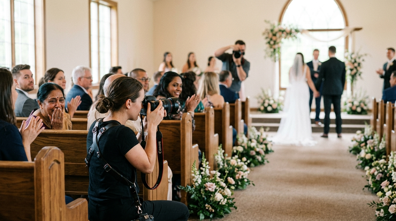 Second shooter capturing guest reactions during a wedding ceremony while lead focuses on the couple.