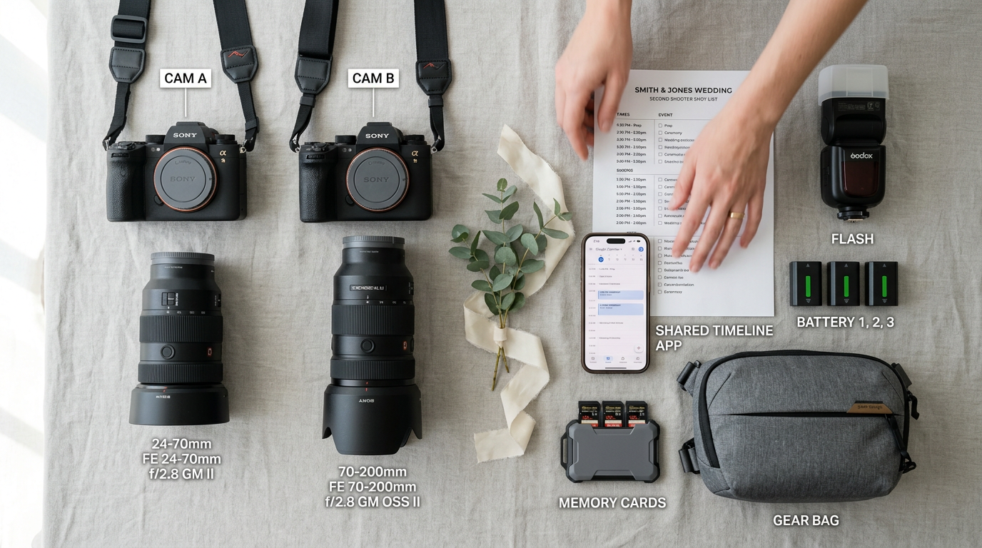 Flat-lay of second shooter gear and timeline: cameras, lenses, batteries, memory cards, and shot list.