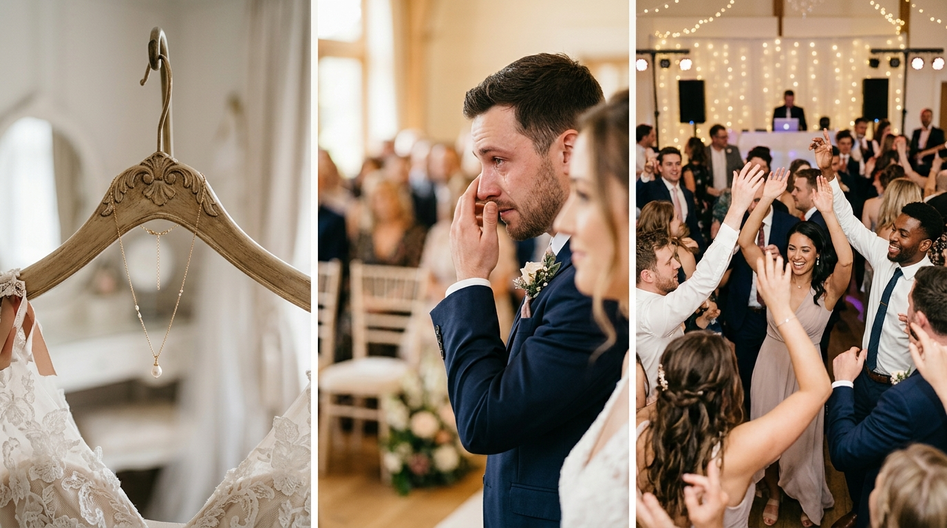 Collage of getting-ready details, ceremony emotion, and reception candids showcasing second shooter priorities.