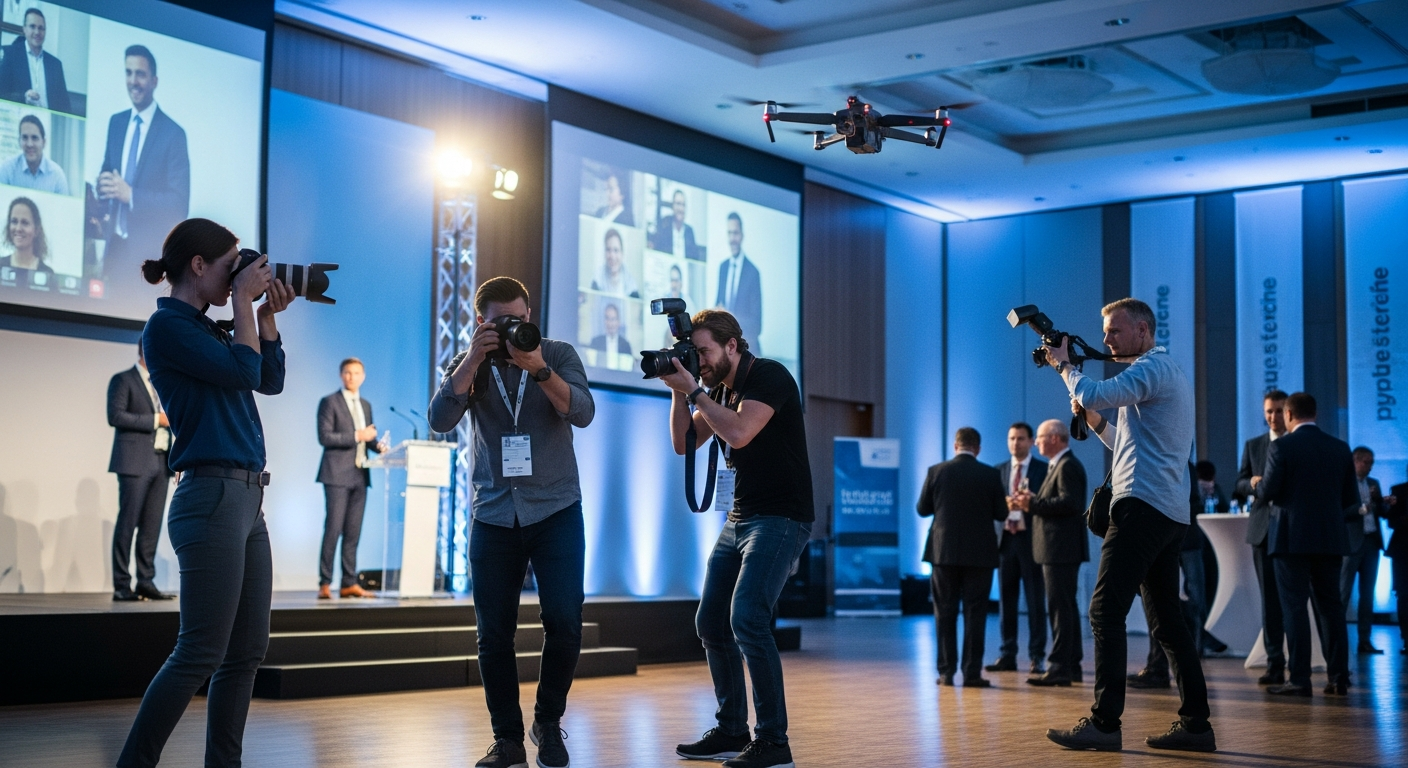Photographers capturing a modern corporate conference with drone and hybrid event screens, showcasing 2025 event photography trends