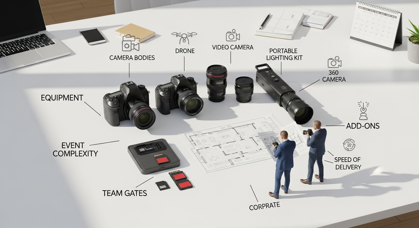 Montage of camera gear, lighting kit, and photographers consulting a floor plan to illustrate cost drivers in corporate event photography