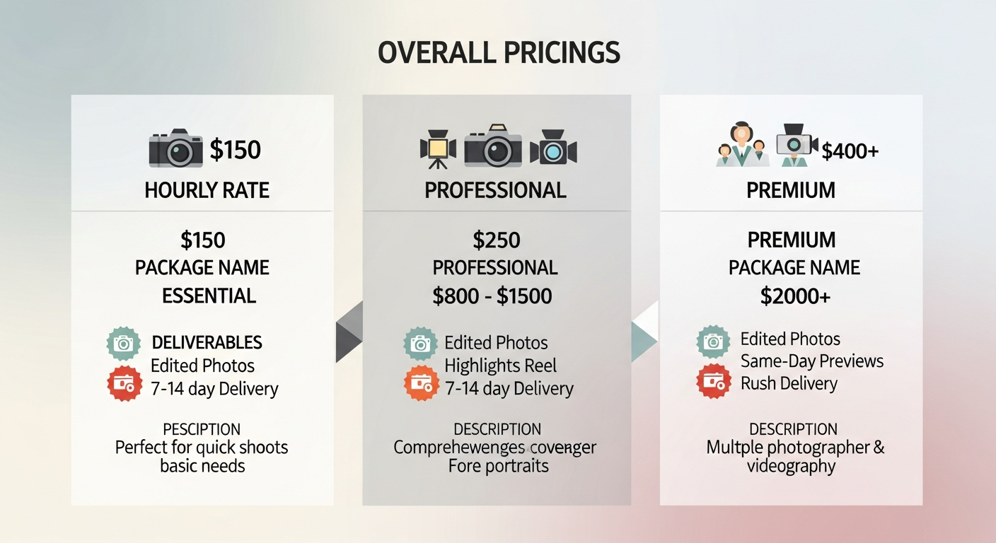 Infographic comparing corporate event photography pricing tiers and package deliverables with clear icons and price ranges