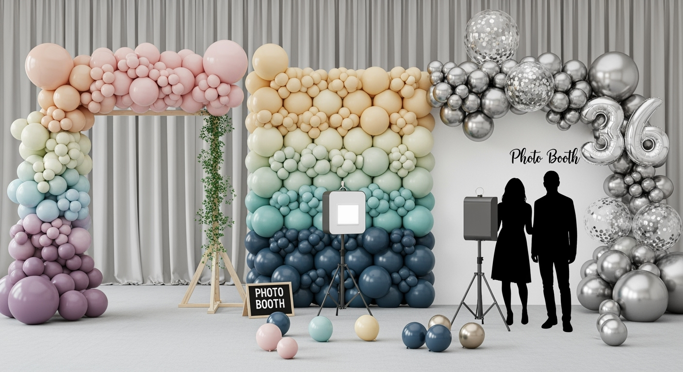 Composite showing balloon arch, ombre balloon wall and oversized metallic balloon clusters for party backdrops