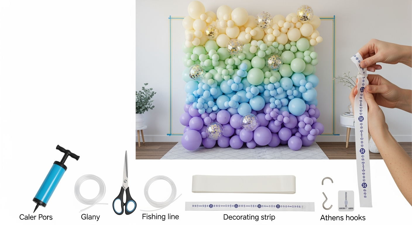 Finished pastel ombre balloon wall with tools and hands tying balloons, ready for a step-by-step tutorial