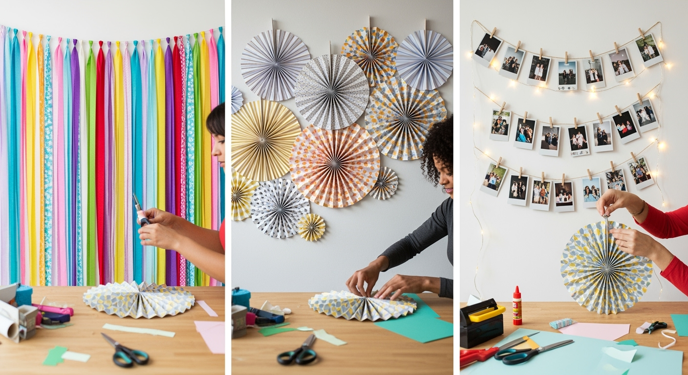 DIY streamer wall, paper fan rosettes and photo collage backdrops shown with crafting hands and tools
