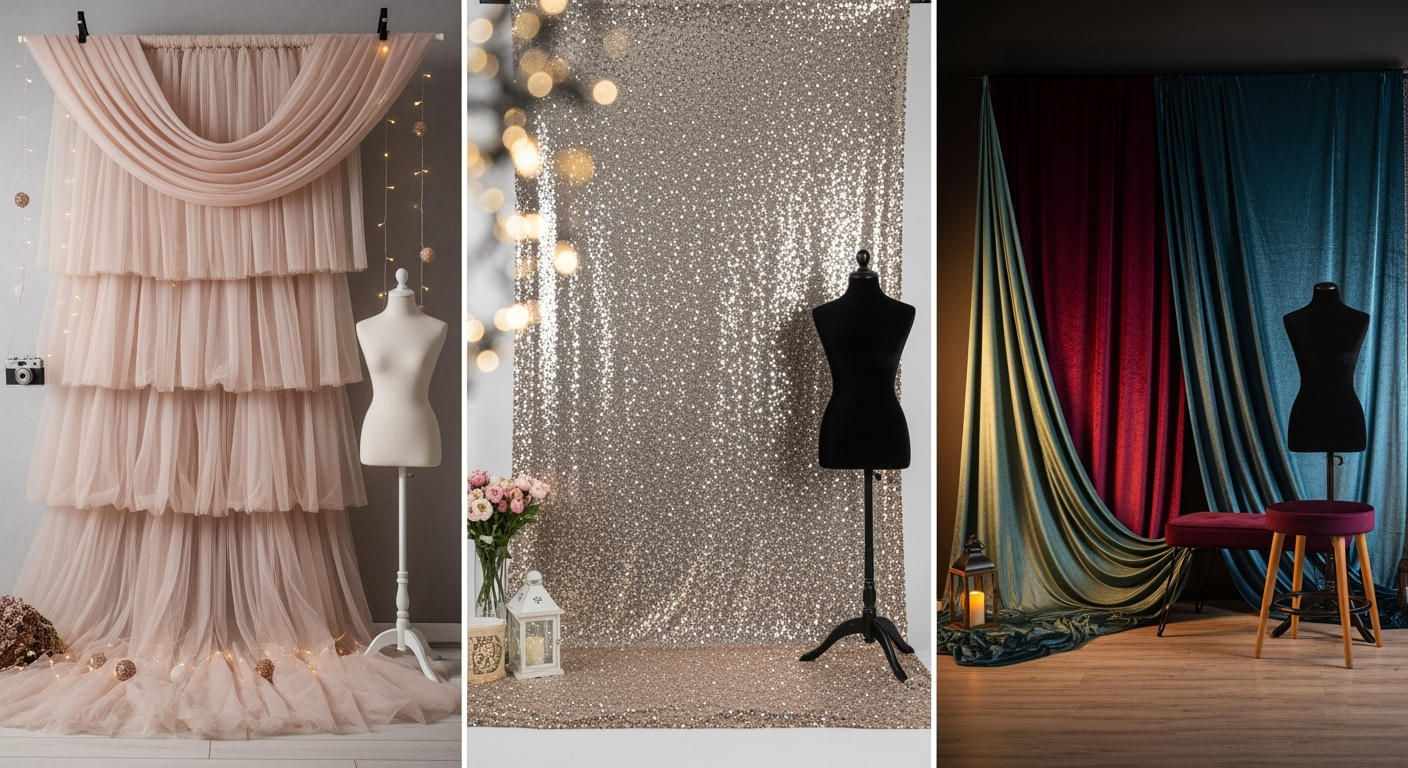 Triptych of tulle curtain, sequin panel, and velvet fabric backdrops showing textures and styling ideas
