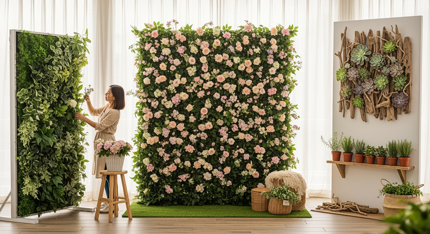 Flower wall, living garden panel and succulent display staged as natural photo booth backdrops