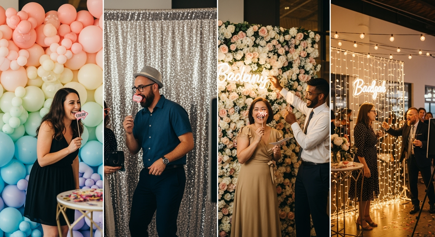 Wide event scene showing balloon wall, sequin panel, flower wall and string lights in a modern photo booth