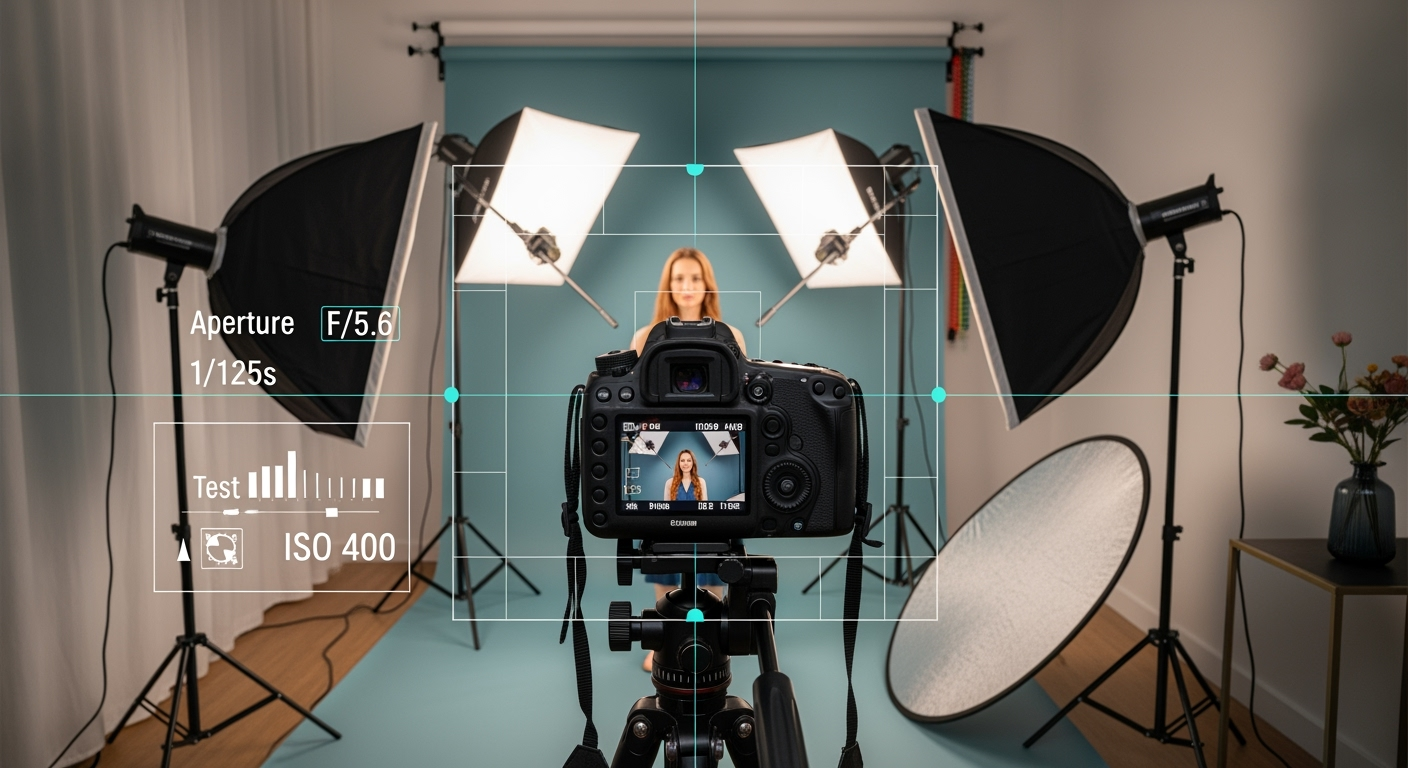 DSLR on tripod at chest height with two softboxes at 45° and a reflector, LCD showing portrait settings