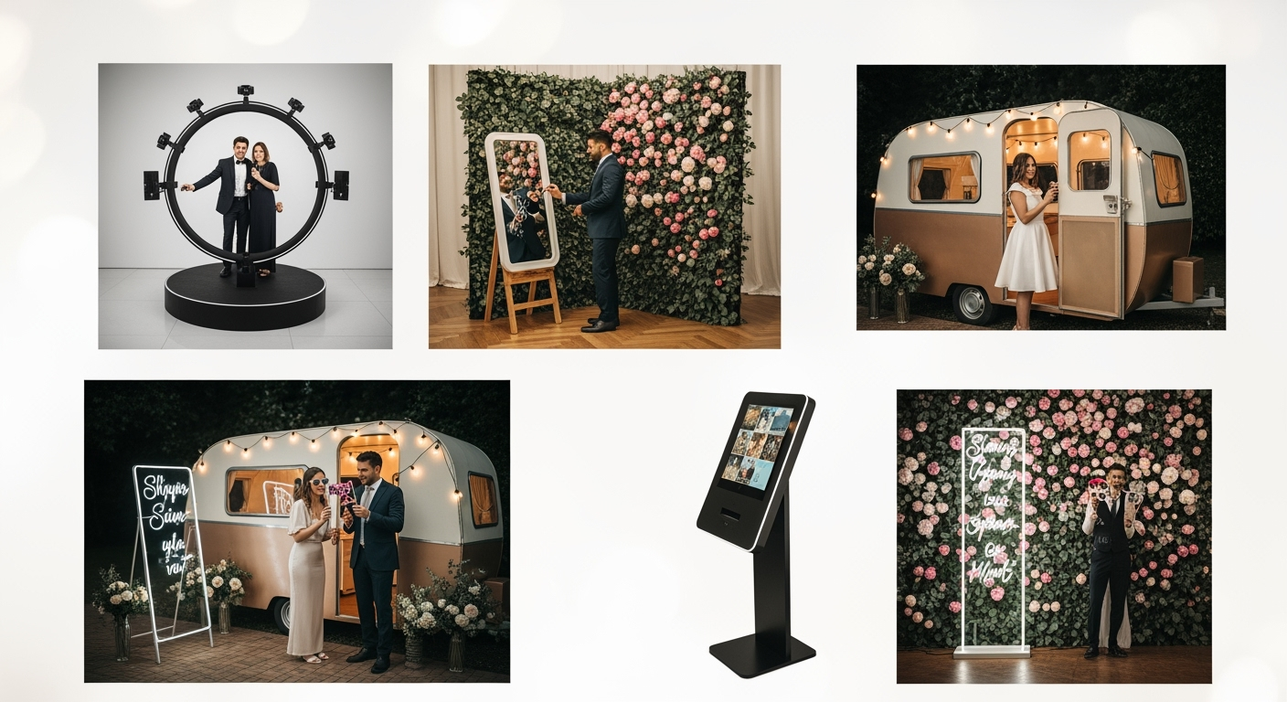 Collage of trending photo booths: 360 video platform, living flower wall, vintage caravan, mirror kiosk, neon station