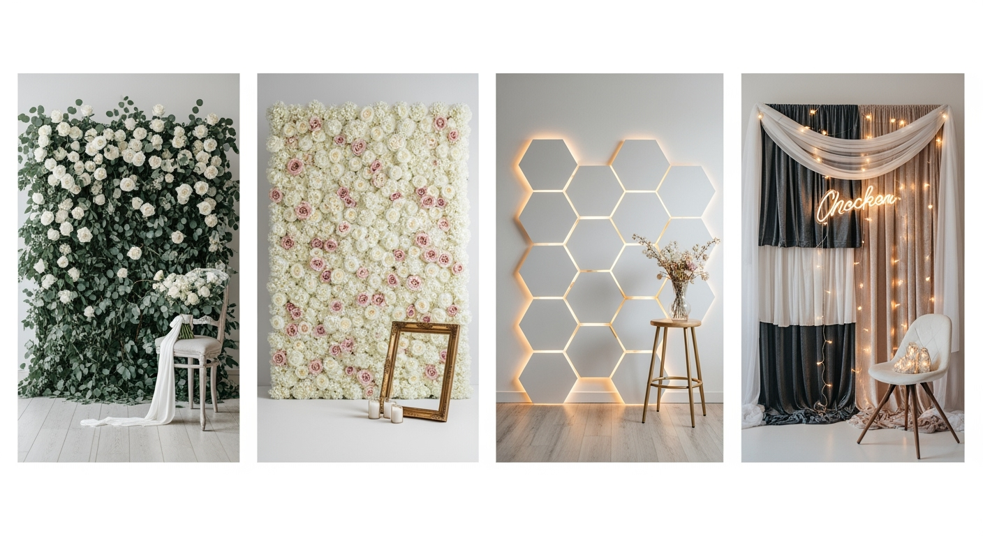 Grid of four wedding backdrops: fresh flower wall, silk flower wall, geometric tile wall, and fabric drape with neon sign