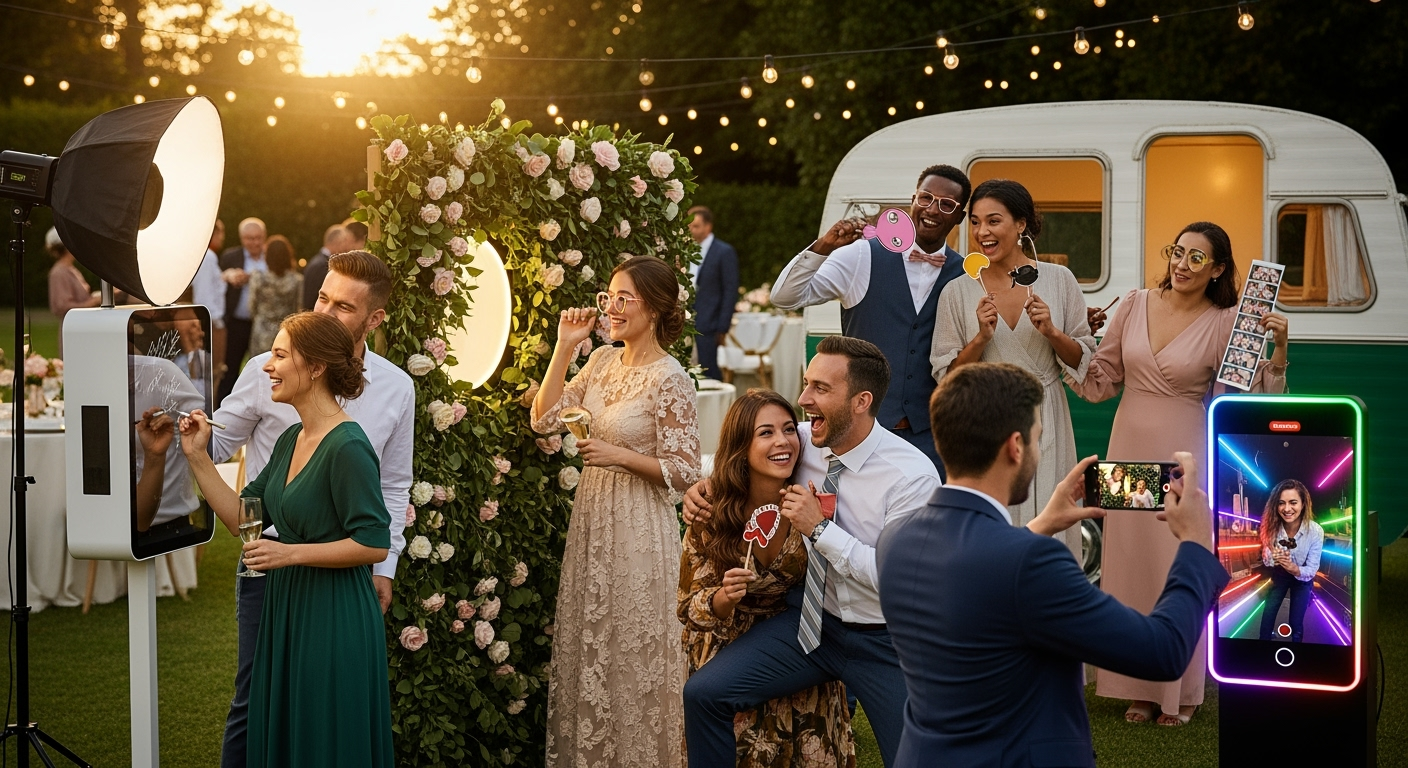 Diverse wedding guests enjoying a mirror kiosk, flower wall, vintage caravan, and neon photo booth at golden-hour reception
