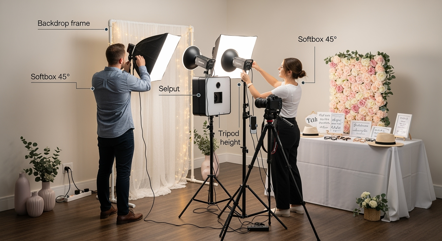 DIY photo booth in mid-setup: PVC backdrop, two softbox lights at 45°, tripod camera, and props table