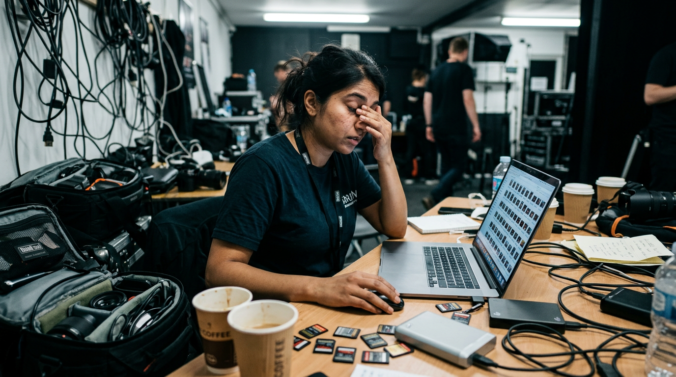 Tired event photographer at a cluttered editing workstation surrounded by memory cards and drives — the hidden cost of slow event photo delivery