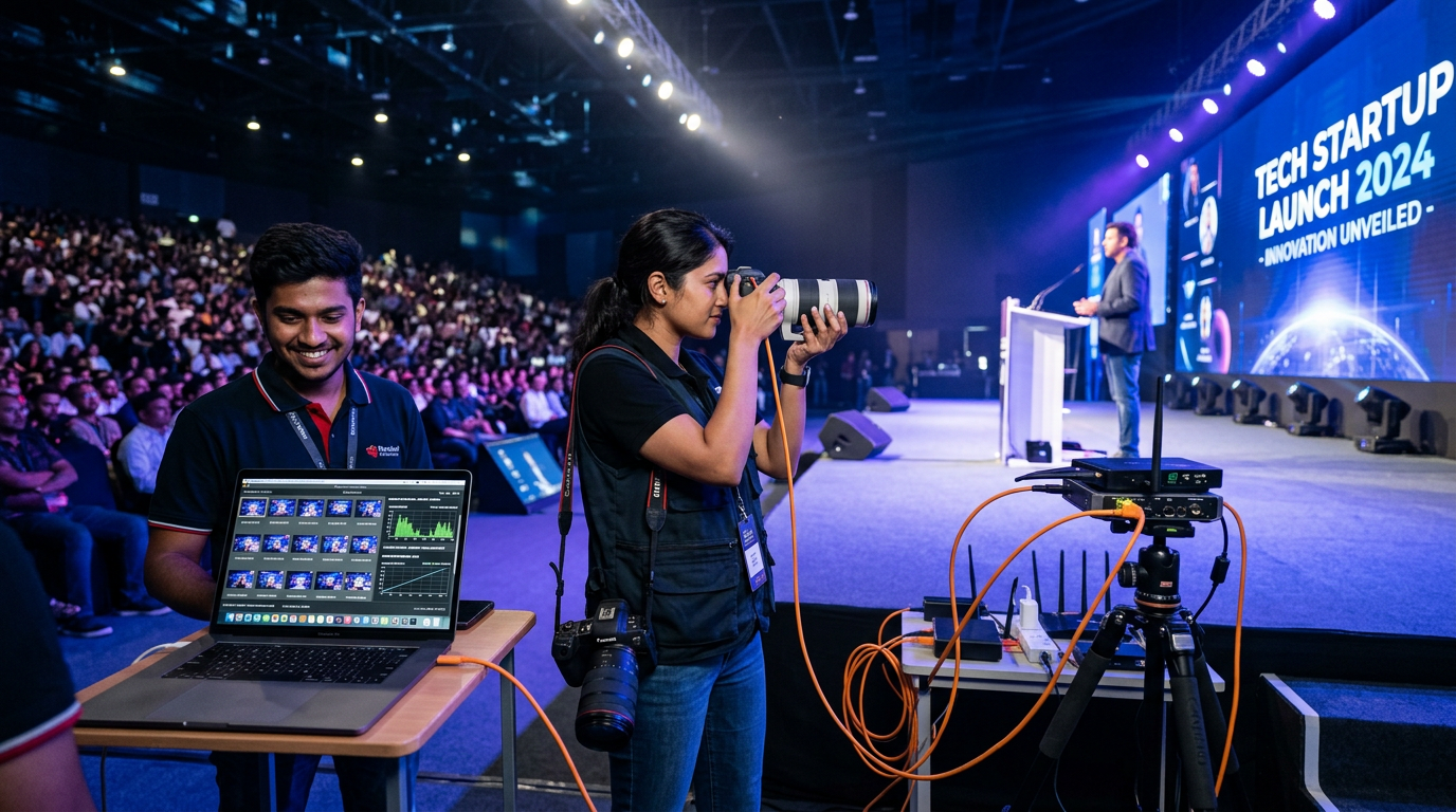 Event photographer shooting onstage with cameras tethered for real-time cloud upload while an assistant monitors a laptop