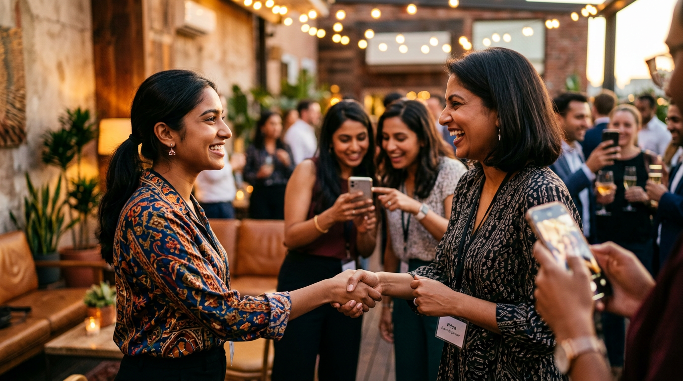 Event photographer and organizer shaking hands as guests share their event photos on phones