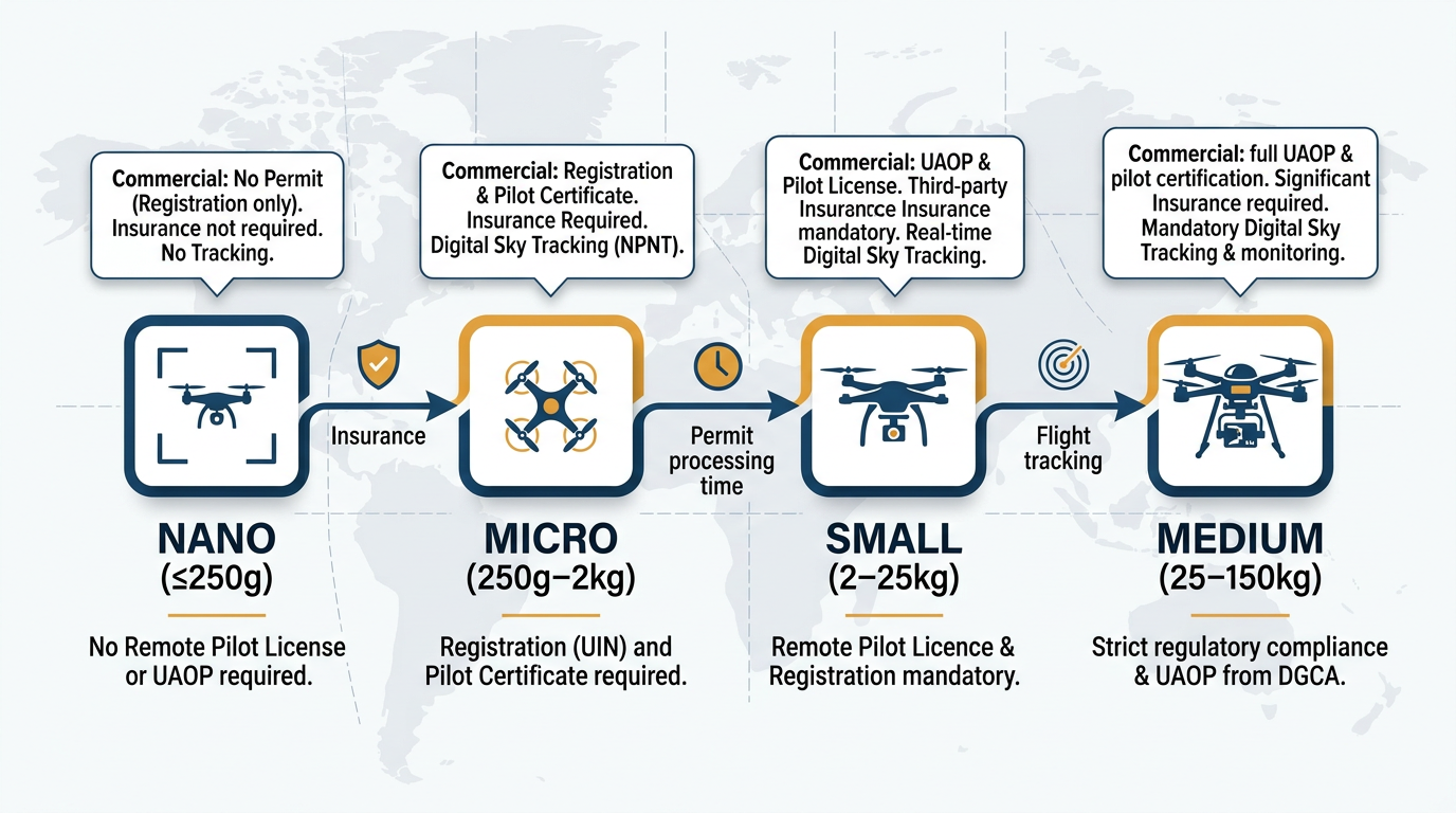 Infographic showing DGCA drone categories (nano, micro, small, medium) and permissions for wedding drone photography in India