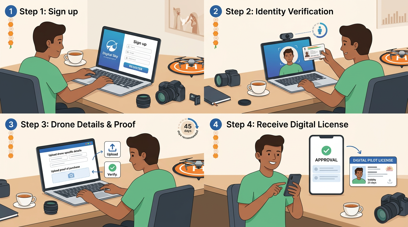Step-by-step illustration of registering a drone on Digital Sky with Aadhaar verification and pilot certificate for event photography in India