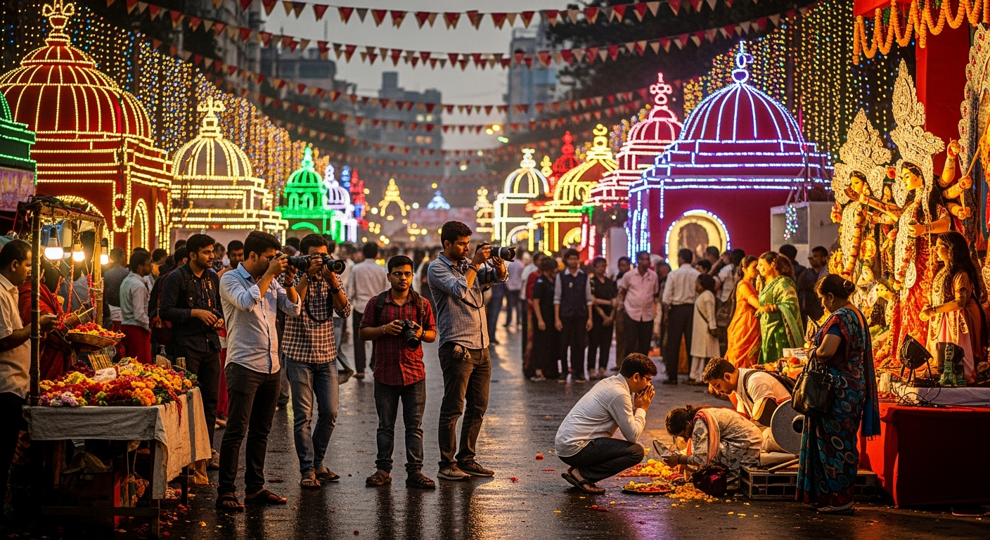 Dusk street scene of illuminated pandals and devotees during Durga Puja in Kolkata