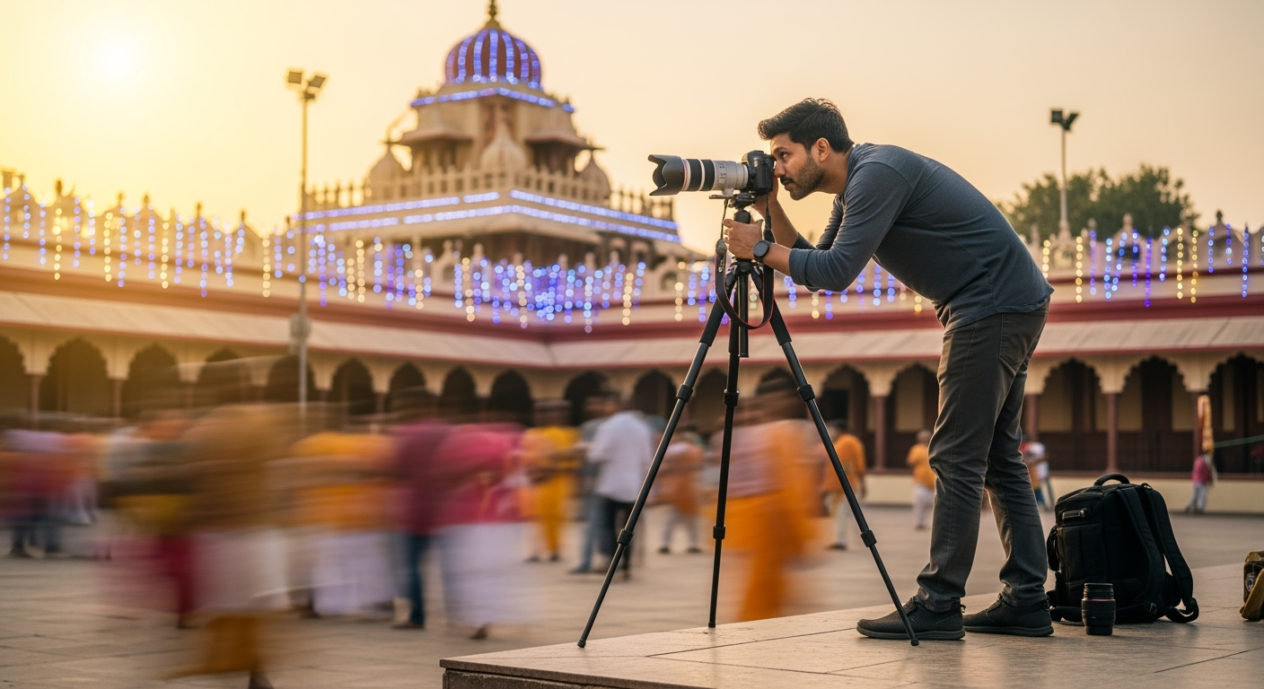 Photographer using tripod at golden hour capturing a pandal with long-exposure crowd blur