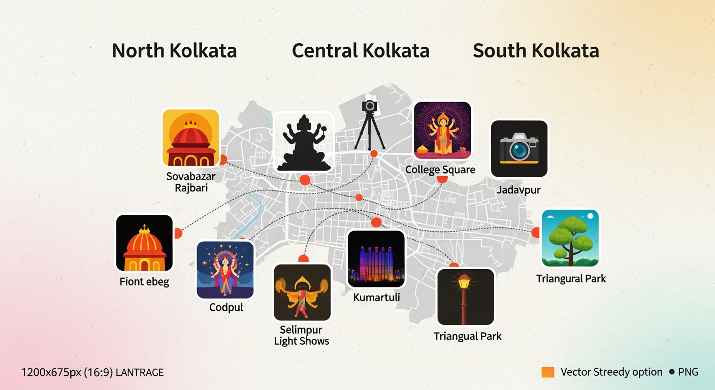 Stylized map montage of North, Central, and South Kolkata showing top Durga Puja photo spots