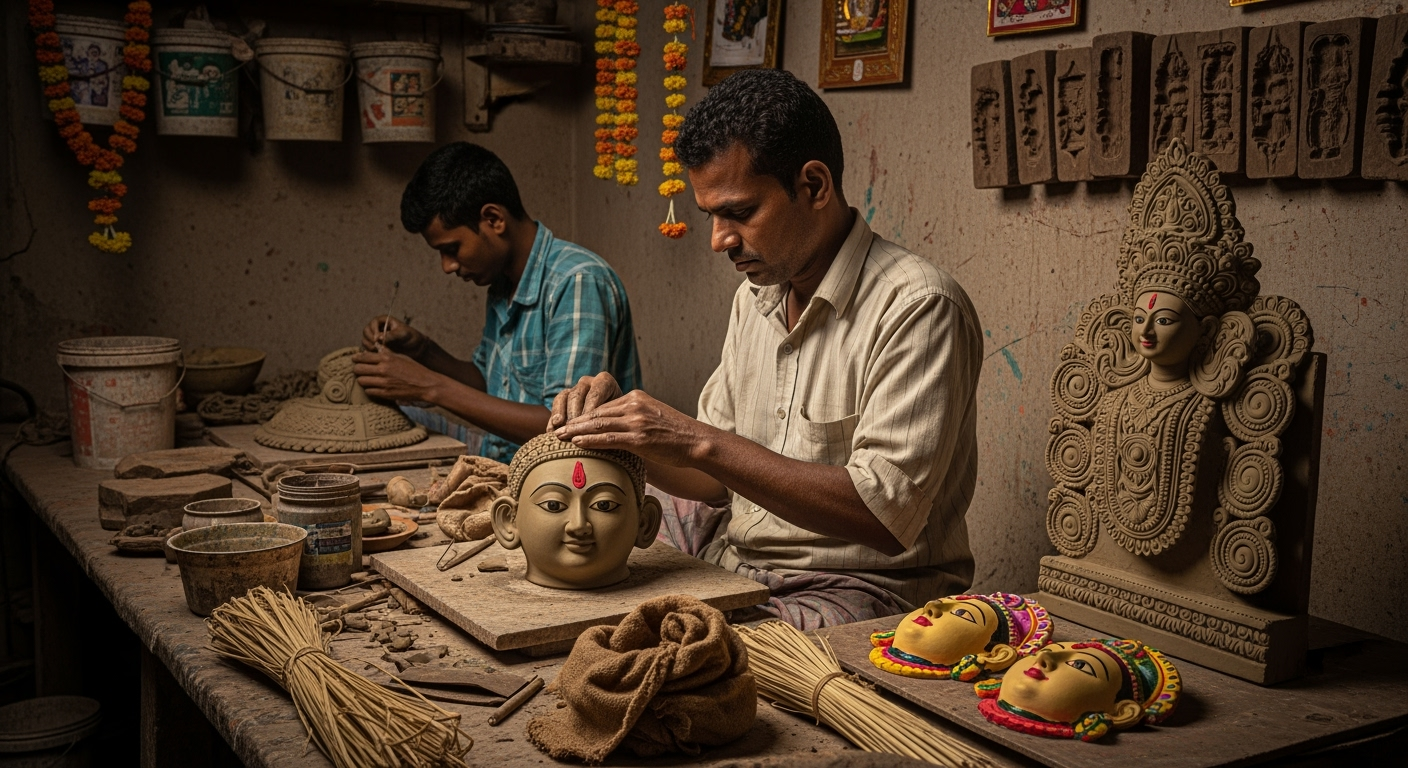 Kumartuli artisan shaping a Durga idol head in a traditional clay workshop