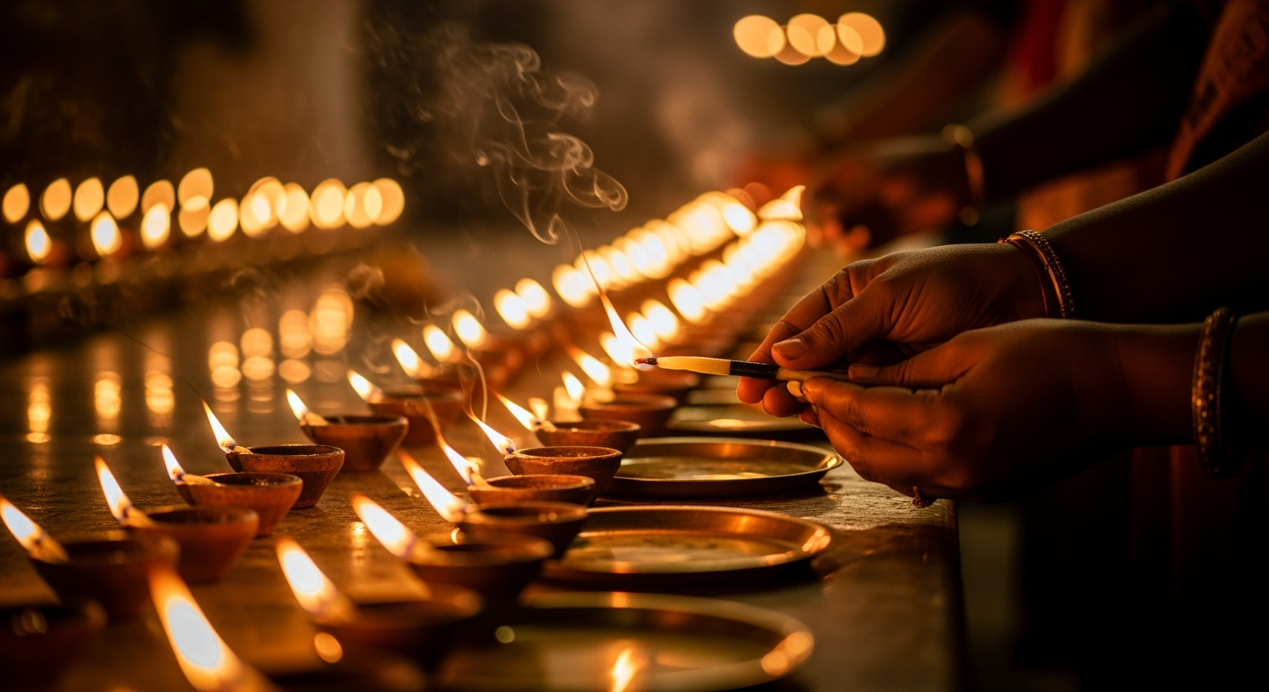 Close-up of oil lamps being lit during Sandhi Puja with warm flame glow