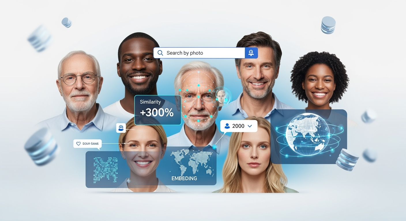Montage of diverse faces with AI face-matching interface and embedding map illustrating free online face recognition tools 2025