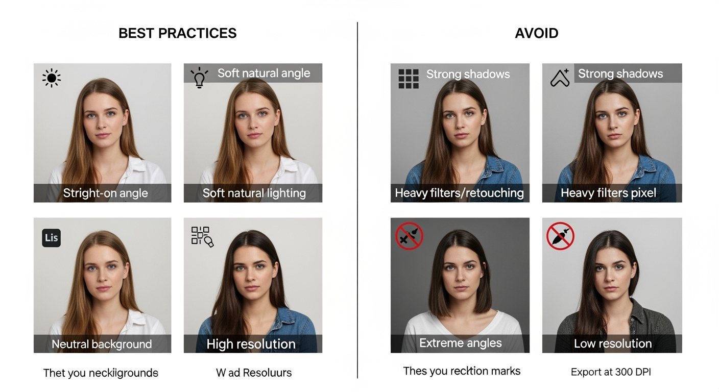Side-by-side photo comparison of best vs poor face recognition photos showing lighting, angle, resolution tips