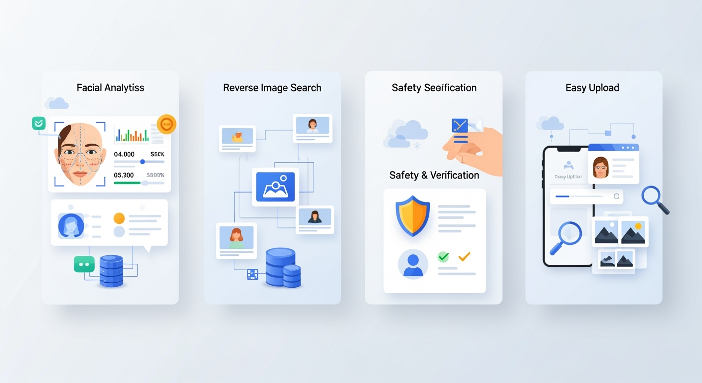 Four-panel illustration showing facial analytics, reverse image search, safety verification, and easy upload tools