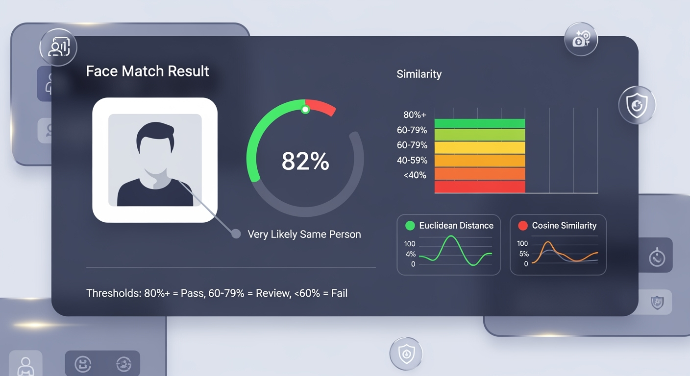 Visualization showing a face match result with similarity gauge, percentage bands, and metric charts explaining confidence thresholds