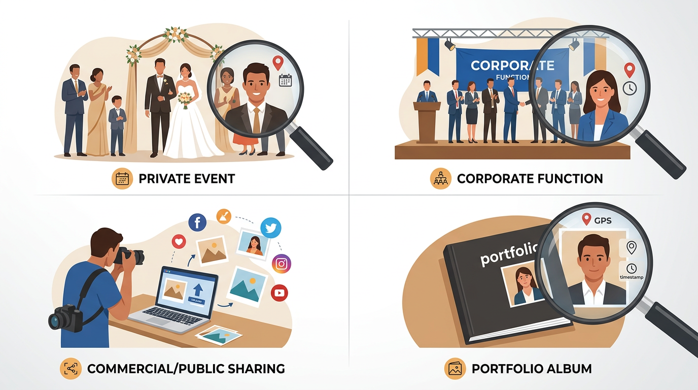 Montage of events — wedding, corporate, social media upload, portfolio — showing when guest photo consent is needed